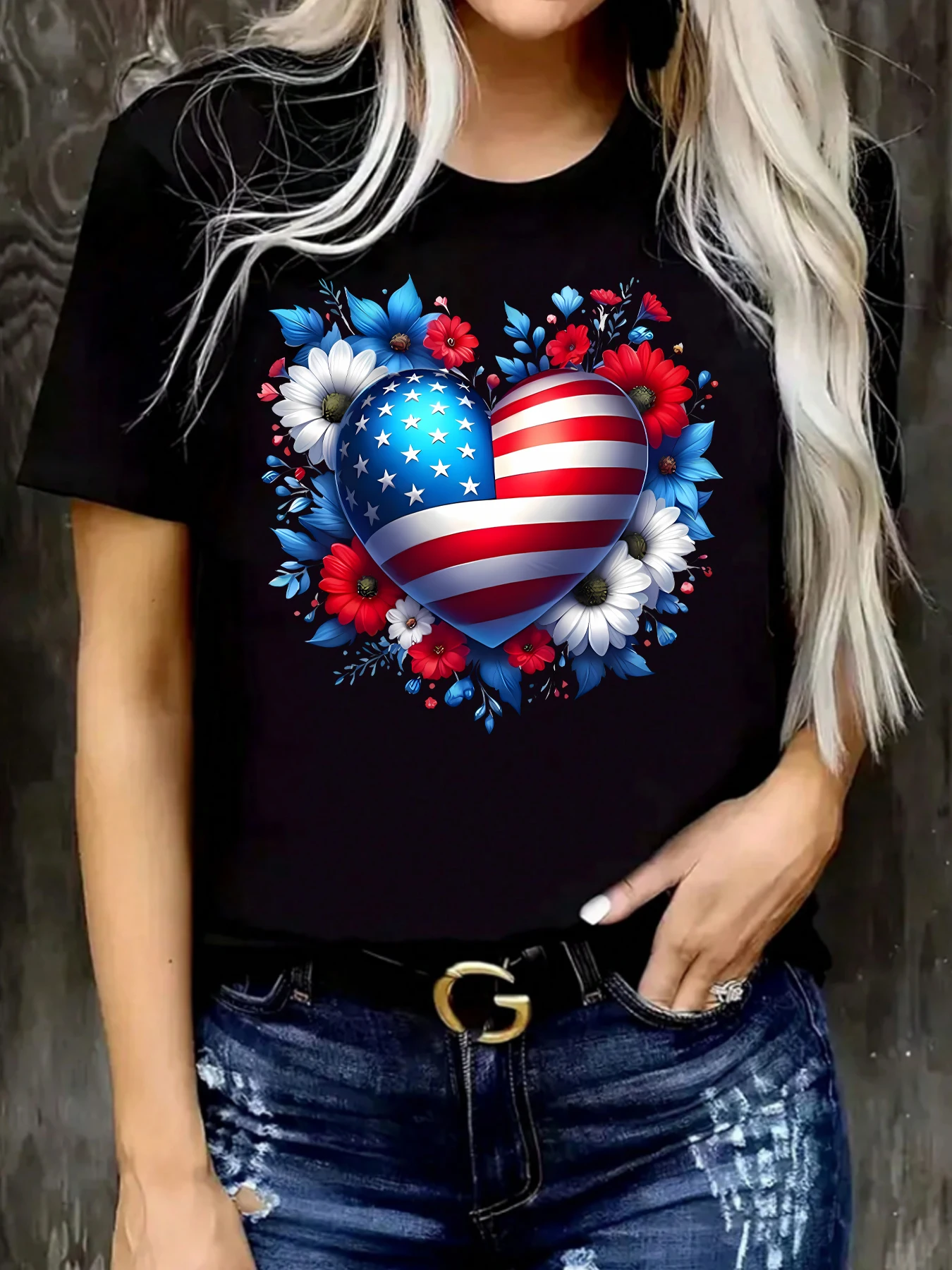 

Large size round neck women T-shirt short sleeve wild printed T-shirt elastic soft half sleeve T-shirt