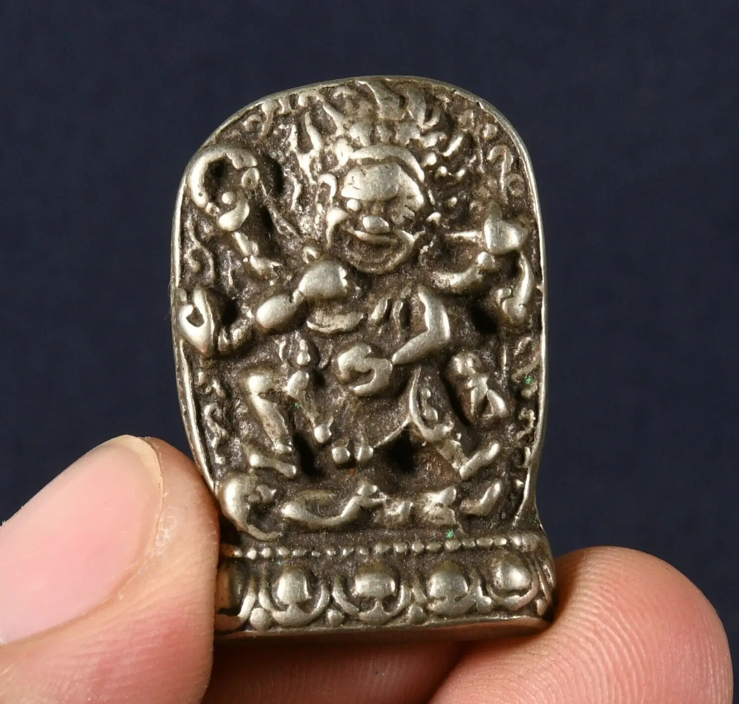 3CM Old Tibet Miao Silver 6 Arms Mahakala Wrathful Deity Buddha Amulet Statue