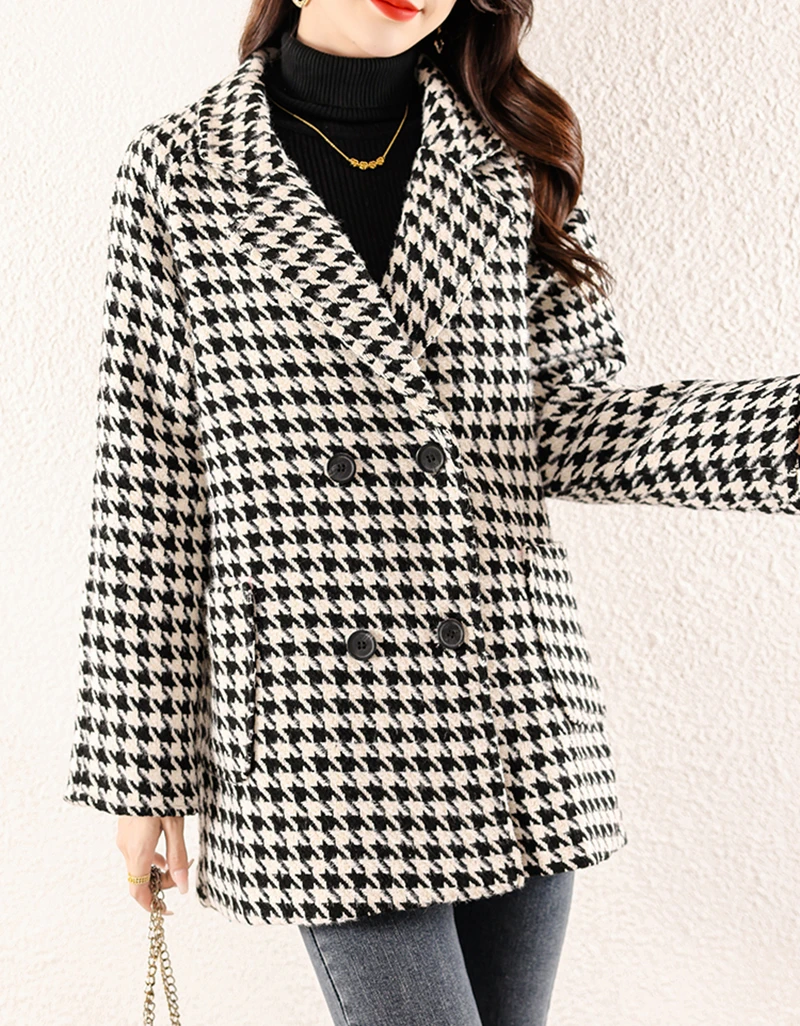 Houndstooth Woolen Coat Women Midi Fall And Winter 2022 Korean Slim Black And White Plaid Coat British Style Luxury Tweed Jacket
