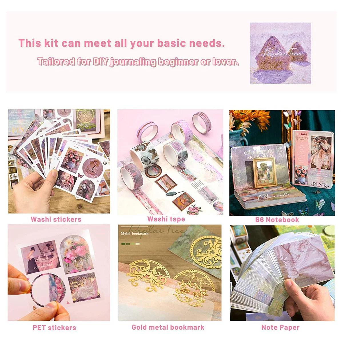 Estetyczny zestaw do dziennika do scrapbookingu, Vintage obraz olejny B6 notatnik Scrapbooking dostarcza naklejki artystyczne, B