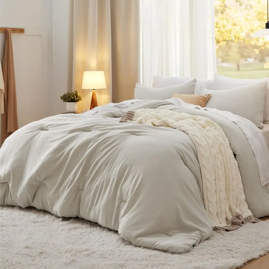 

King Size Comforter Set, Beige Soft Prewashed Bedding for All Seasons, 3 Pieces GentleSoft Warm Down Alternative Bed Set, 1 Ligh