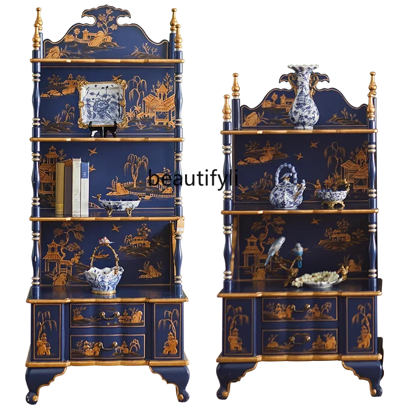 

French Chinese style solid wood hand-painted display cabinet retro storage shelf classical luxury display bookshelf