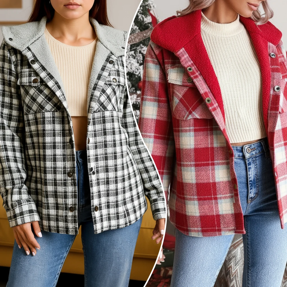 

Womens Korean Lightweight Jacket Plaid Pattern Single Breasted Lapel Sherpa Hood Cuff Autumn Daily Wear