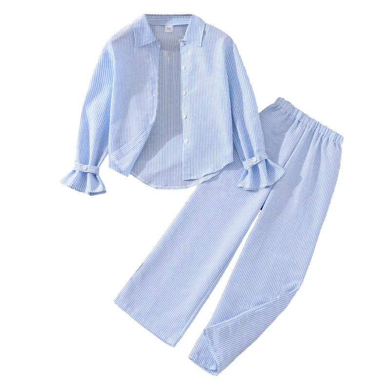 2025 Korean Fashion Girl Casual Suit striped Long Sleeved Lapel Shirt blouse + wide leg pant Two-piece Set Autumn New 8 12 year