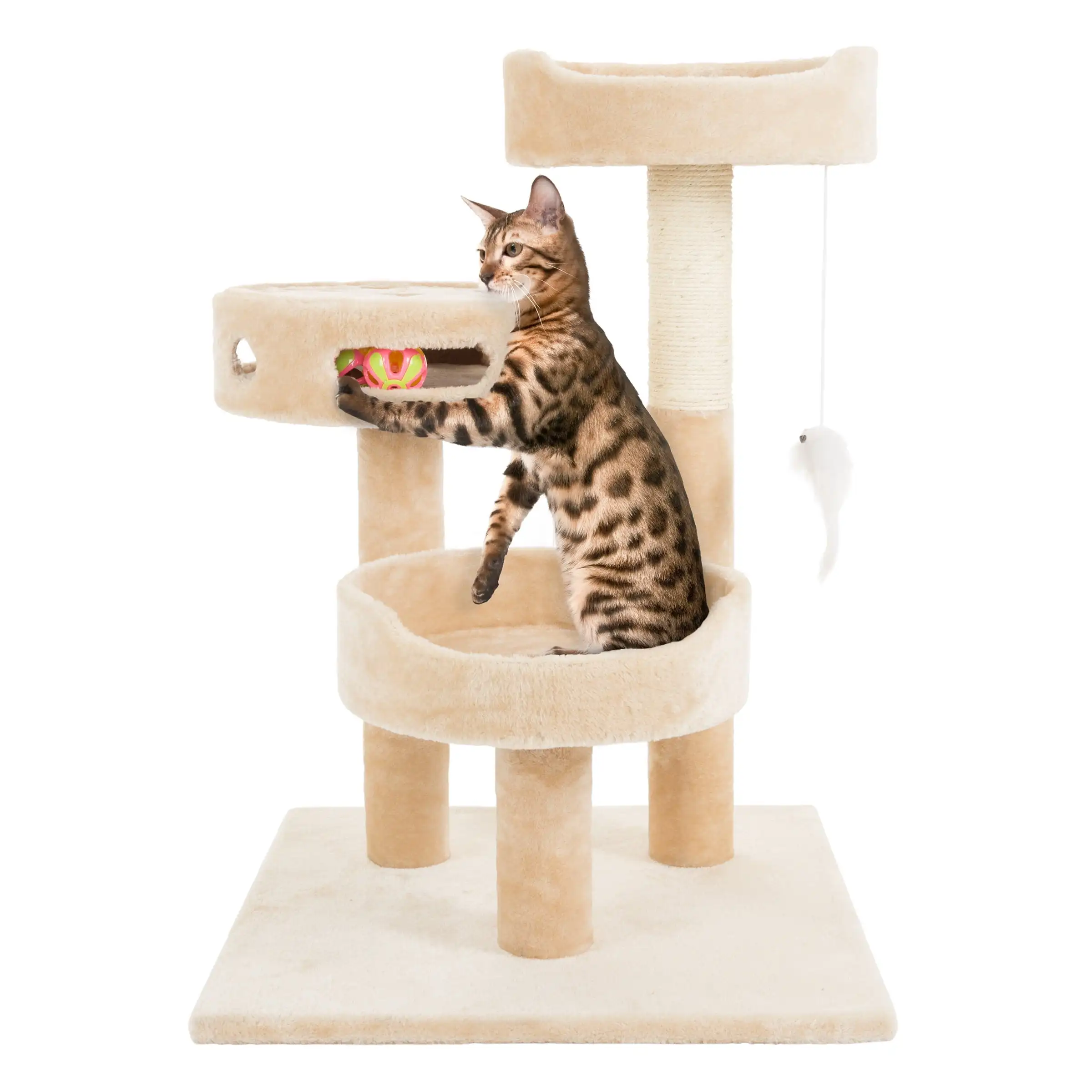 

3-Tier Cat Tree  2 Carpeted Napping Perches Sisal Rope Scratching Post Hanging Mouse and Interactive Cheese Wheel Toy by Petmak