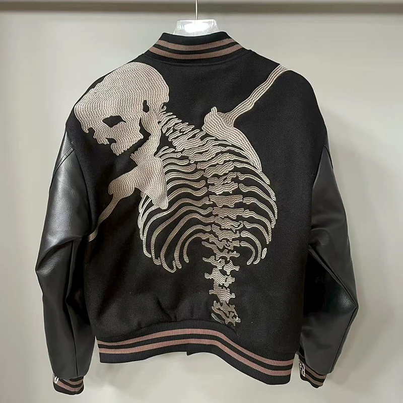 Real Photo GOD SPEED Baseball Jacket American Vintage Patchwork Leather Sleeves Unisex Embroidery Skeleton Jacket Coats