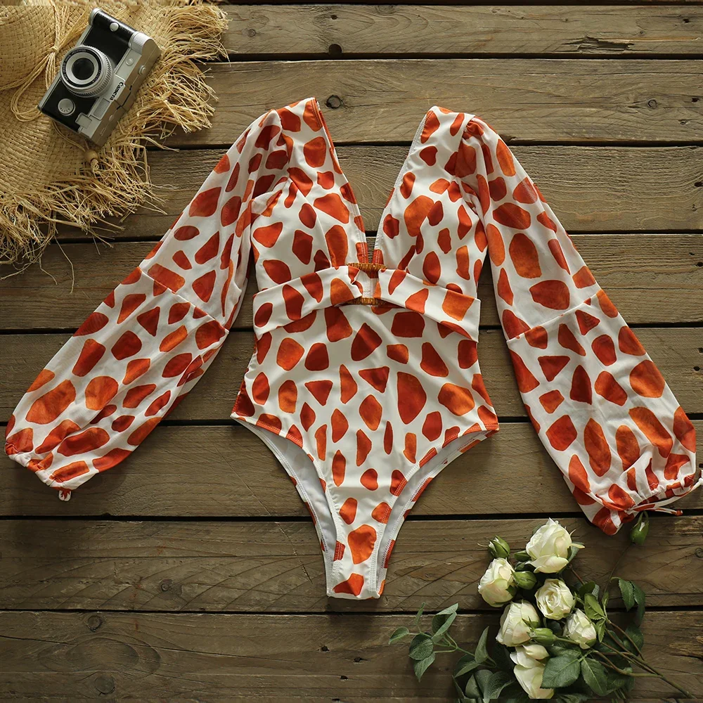 Sexy Colorful Leopard One Piece Swimsuit 2025 Swimwear Women Long Sleeve Bather Bathing Suit Beachwear High Waist Biquini Female