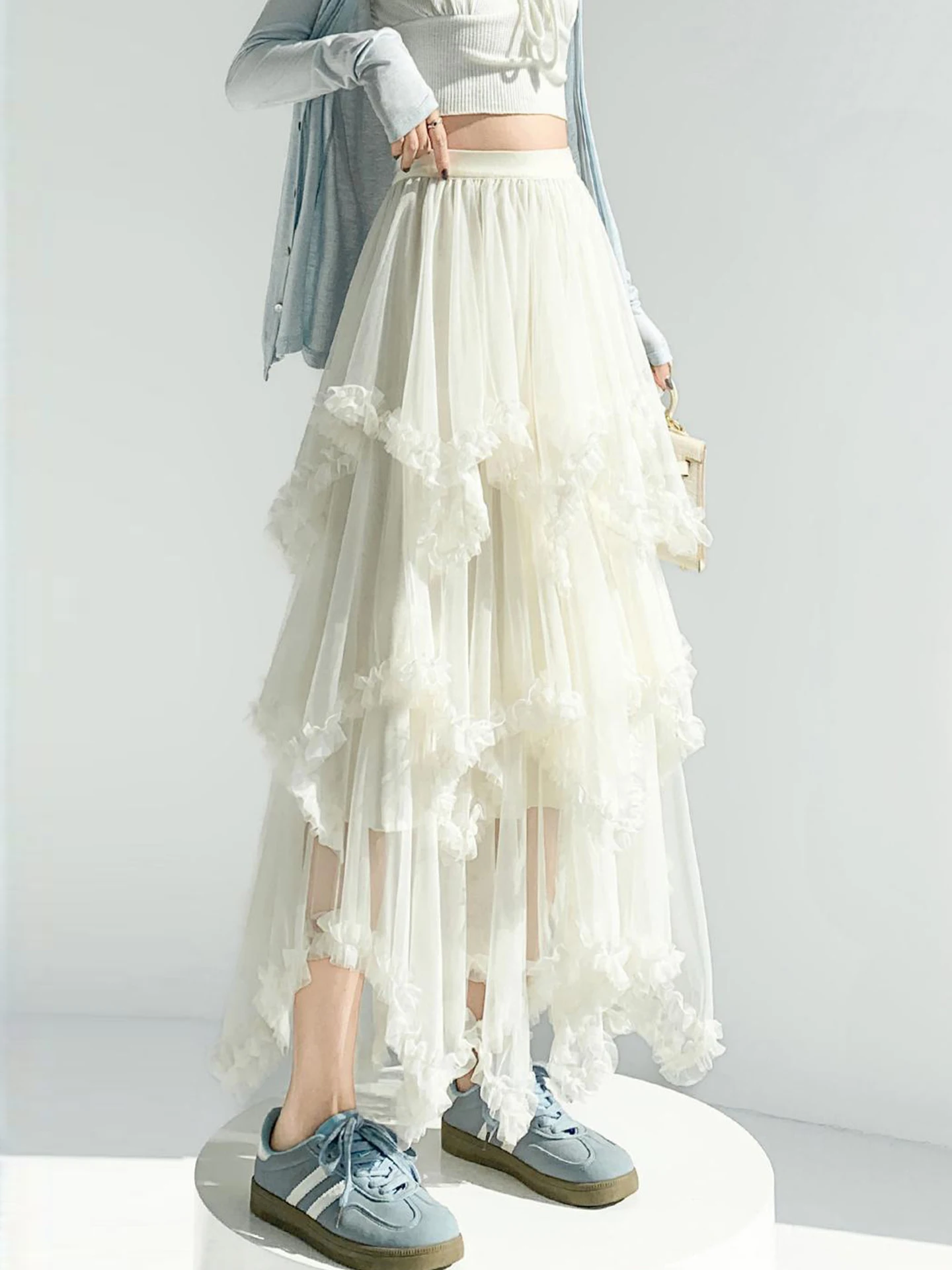 

Белая асимметричная женская юбка больших размеров с высокой талией, драпированная, многоярусная, корейский стиль, весна