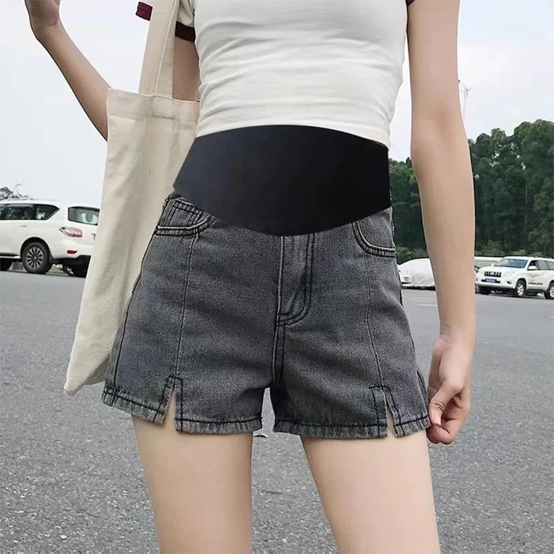 

Summer Denim Belly Shorts for Maternity Splits Leg Thin Breathable Washed Hot Short Jeans for Pregnant Women Y2k Youth Pregnancy