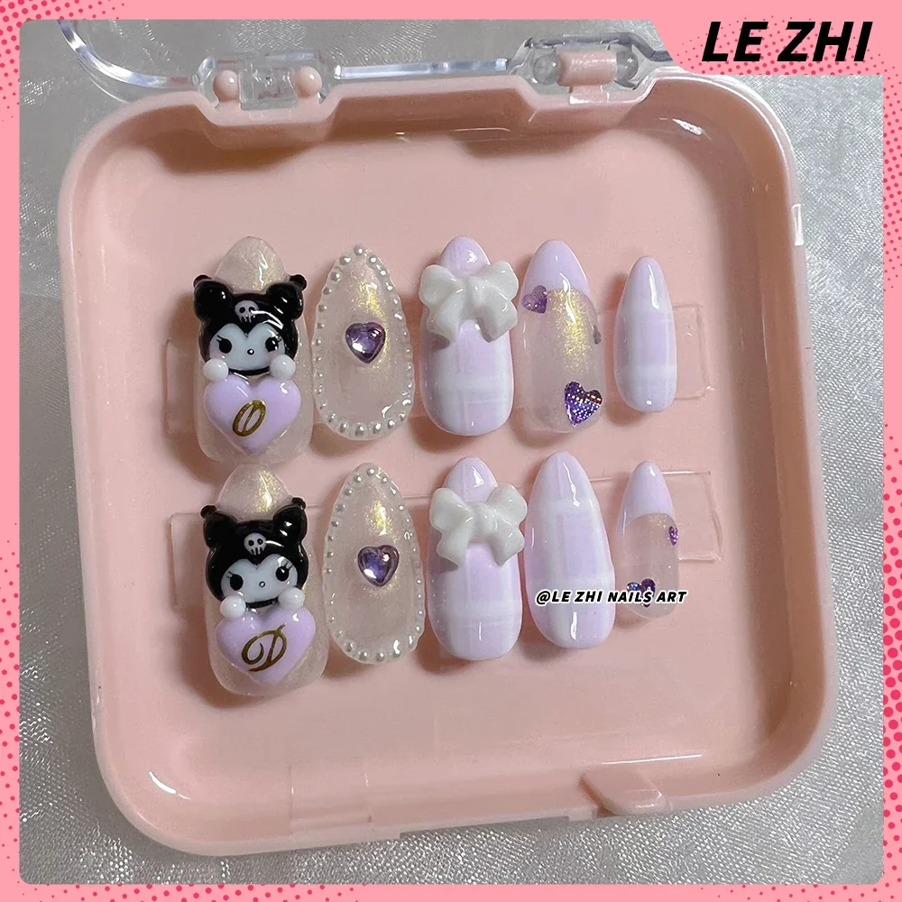 Short Almond Press On Nails Handwork Diy Doll Hello Kitty Cinnamoroll Mymelody Kuromi Pochacco Cute Nails Art Party Stickers