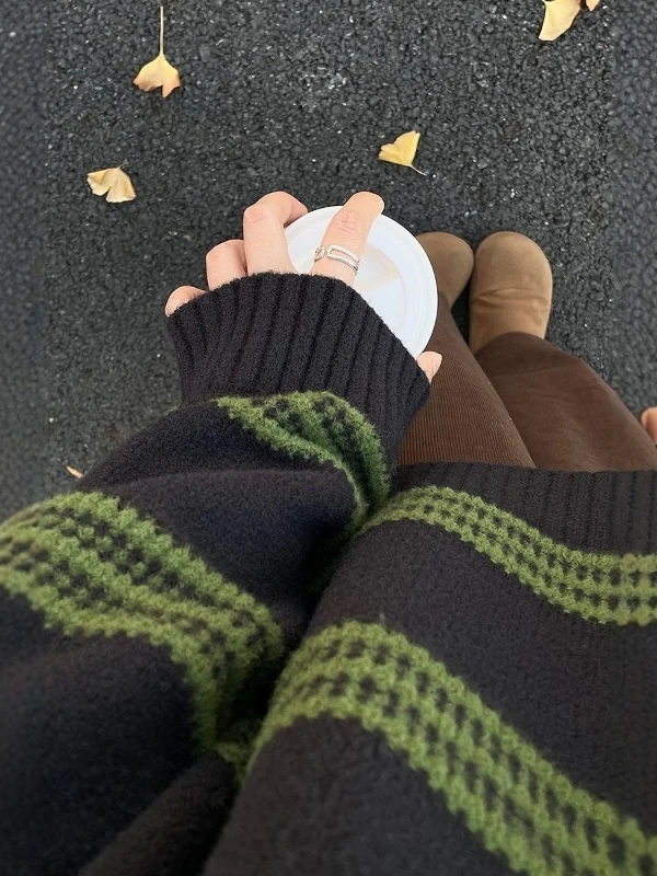 الرجعية اللون Blo المرأة تريكو سترة شريطية ملابس داخلية قاعدة طبقة طويلة Sve جولة Ne منتظم صالح الخريف الشتاء جديد... #1