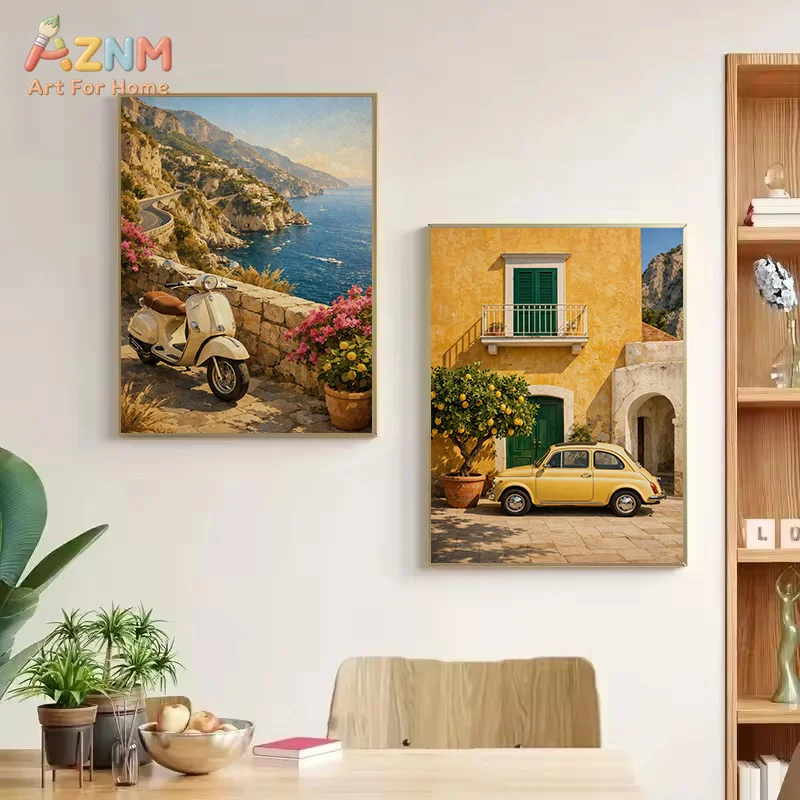 AZNM Italian Amalfi Coast Canvas Wall Art Retro Scooter Vintage Car Lemon Tree Mediterranean Scenery Print Unframed Canvas Paint
