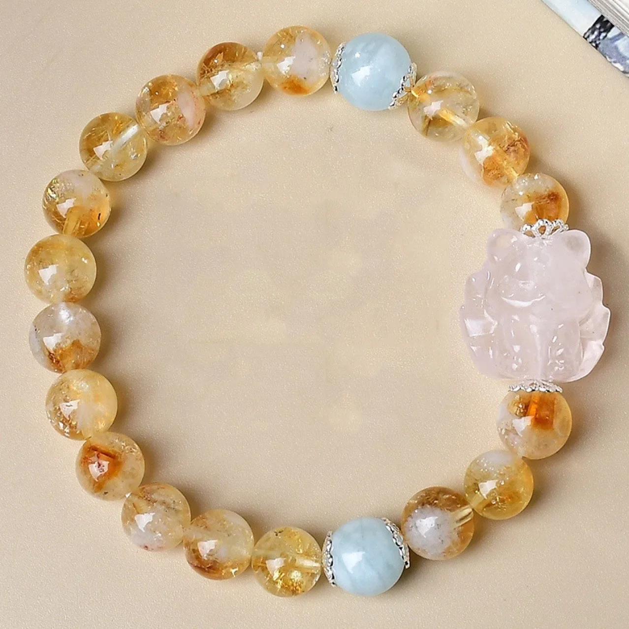 Pure Natural Yellow Tower Crystal Aquamaric Powder Crystal Bracelet Nine Tail Fox Carving Fashion Design Bracelet High-end Gift