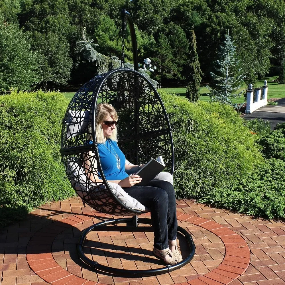 Hammocks, Resin Wicker Hanging Egg Chair with Steel Stand - 265-Pound Weight Capacity - Includes Gray Cushions, Hammocks