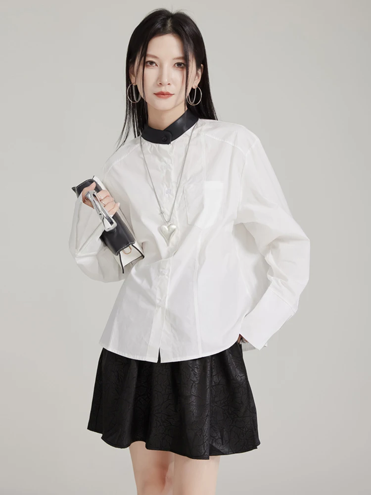 Women White Pu Leather Color-block Big Size Blouse New Stand Collar Long Sleeve Shirt Fashion Spring Autumn