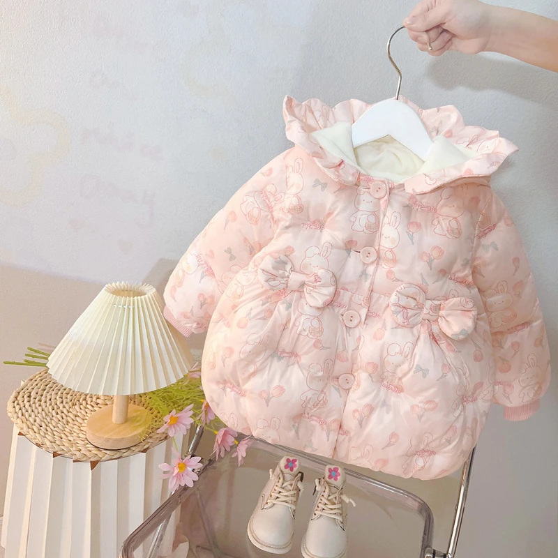 Girls' Winter New Style 2025 Cute Butterfly Knot Broken Pollen Color Hoodie Thickened Warm Cotton Jacket