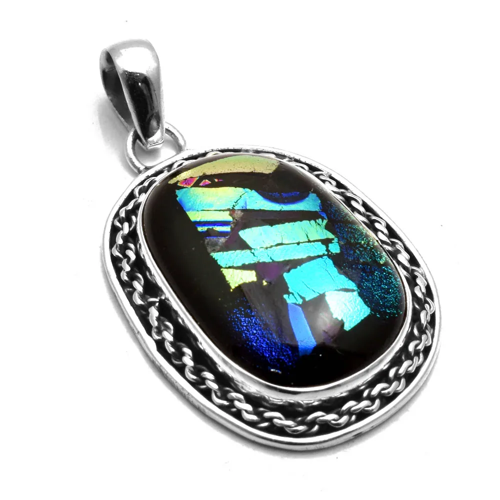 Genuine Dichroic Glass  Pendant 925 Sterling Silver, 45 mm, AP9283