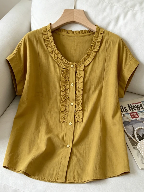 

Loose Short Sleeve V-Neck Design Korean Style plus Size Women's Shirt Wooden Ear Detail Slimming Summer New Arrival