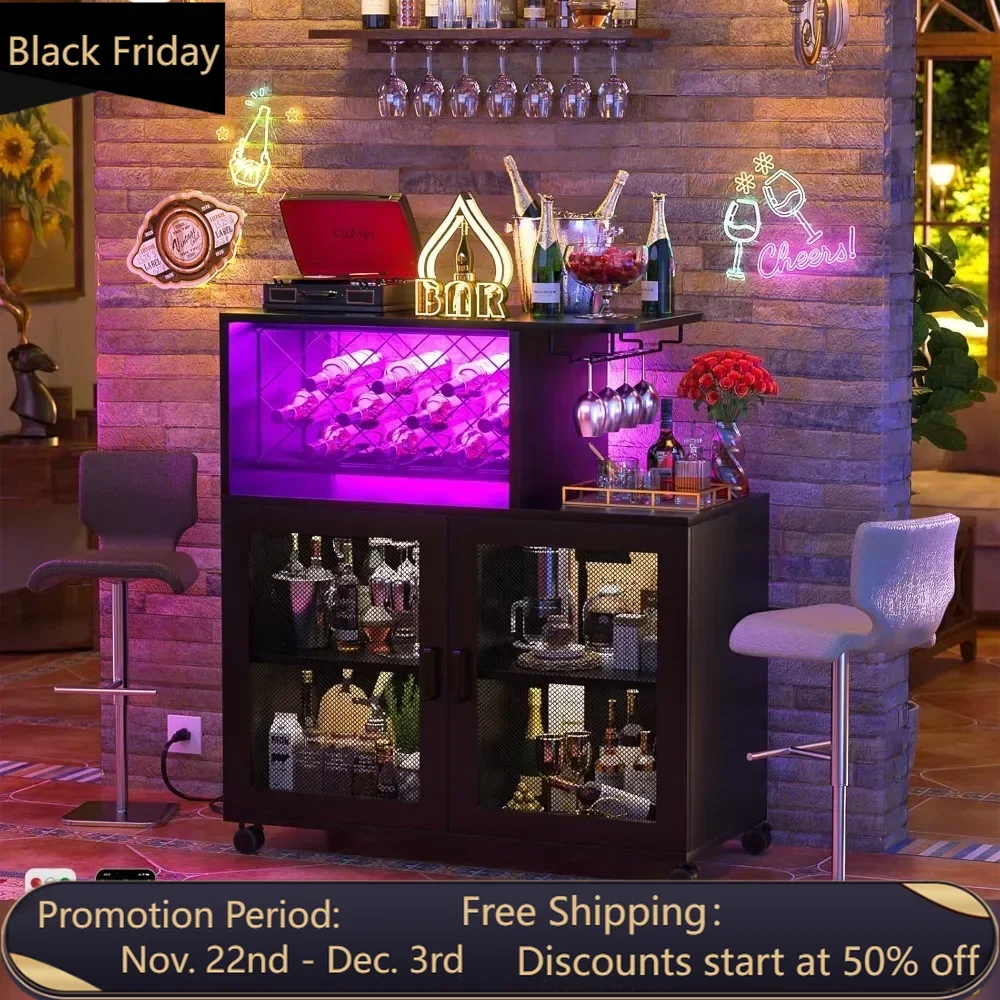 Bar Cabinet, Small Liquor Cabinet with LED Light, Home Bar Cart with Power Outlets, Coffee with Wine Rack, Bar Cabinet