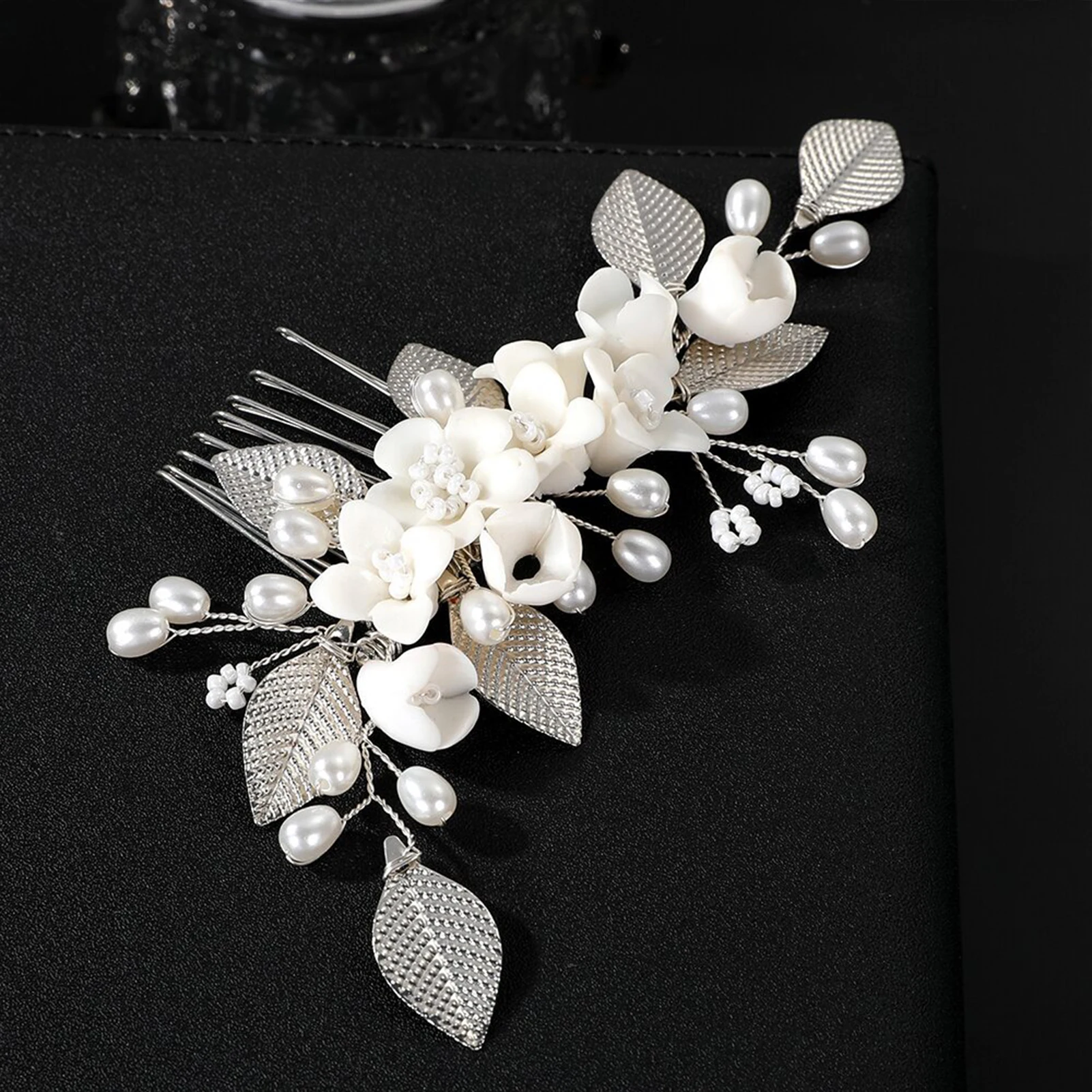 أنيقة زهرة بيضاء أمشاط الشعر الذهب/الفضة اللون سبائك ورقة دبابيس الشعر اللؤلؤ الاصطناعي العصابات الشعر العروس الزفاف الشعر مجوهرات #5