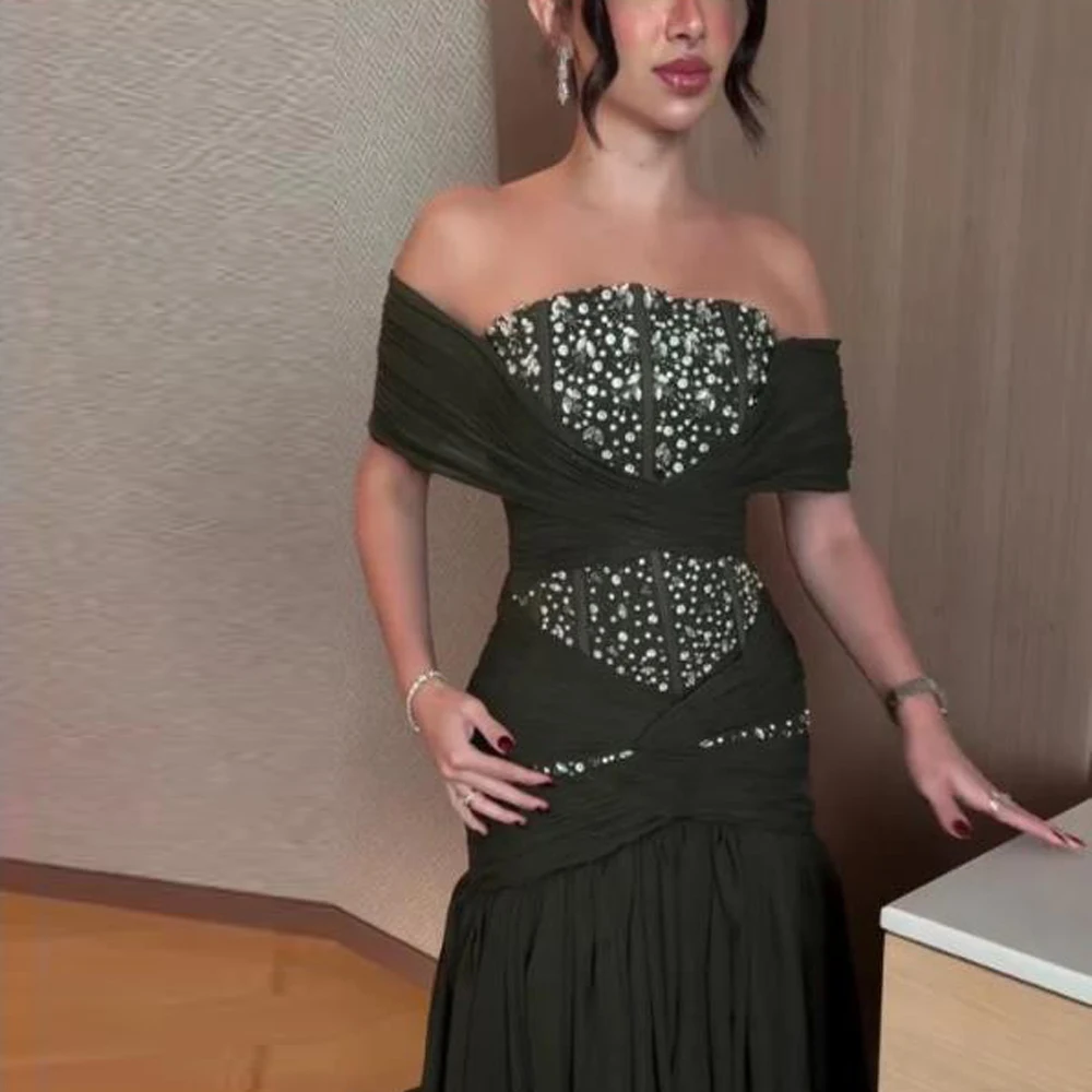 Customized Pleated Off the Shoulder Evening Dress Beaded Embroidery Wedding Guest Gown Mermaid Green Dresses with Sequin