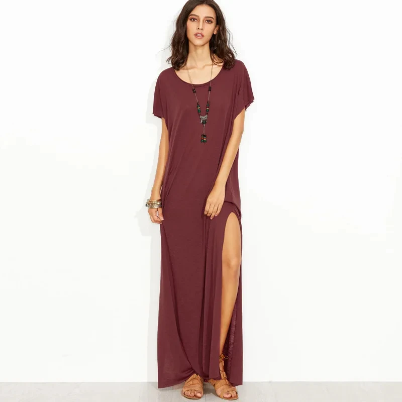 

Women's short sleeved extra long dress round neck casual loose slit long summer beach shirt with vestido