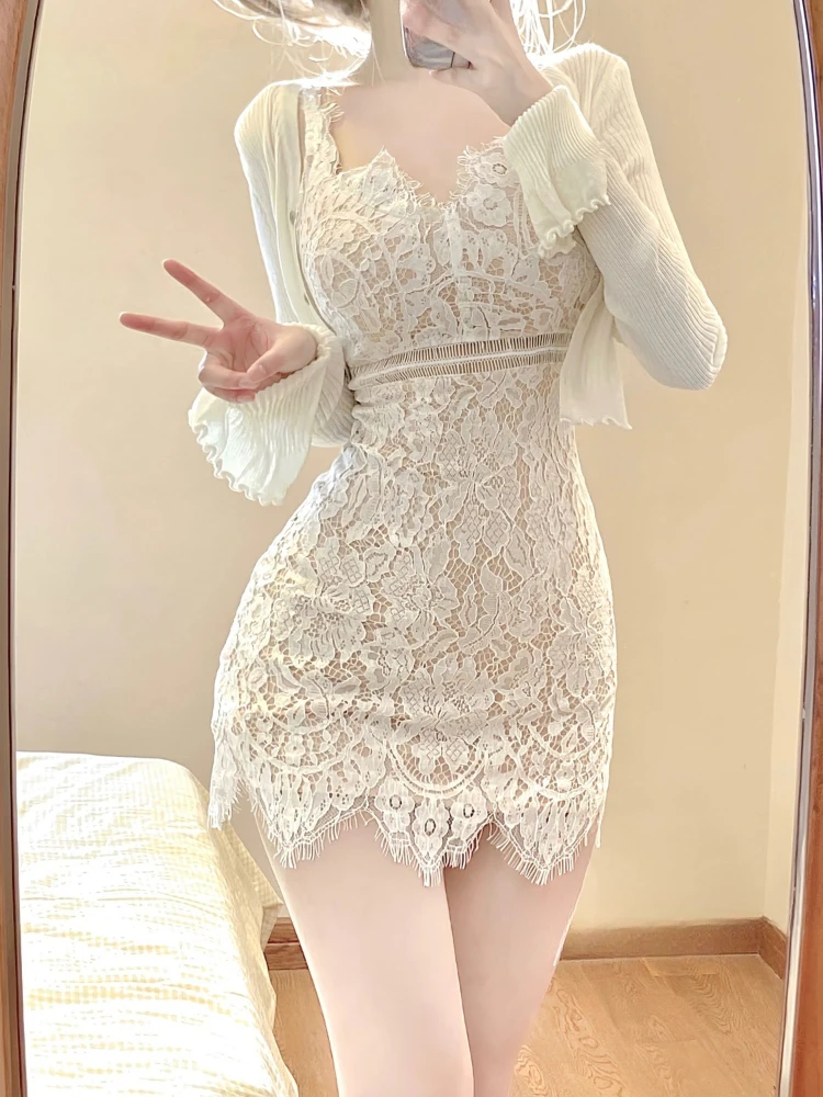 2023 Autumn Elegant Lace Clothing Suit Woman Korean Fashion 2 Piece Set Slim Y2k Mini Dress + Casual Short Cardigan Office Lady