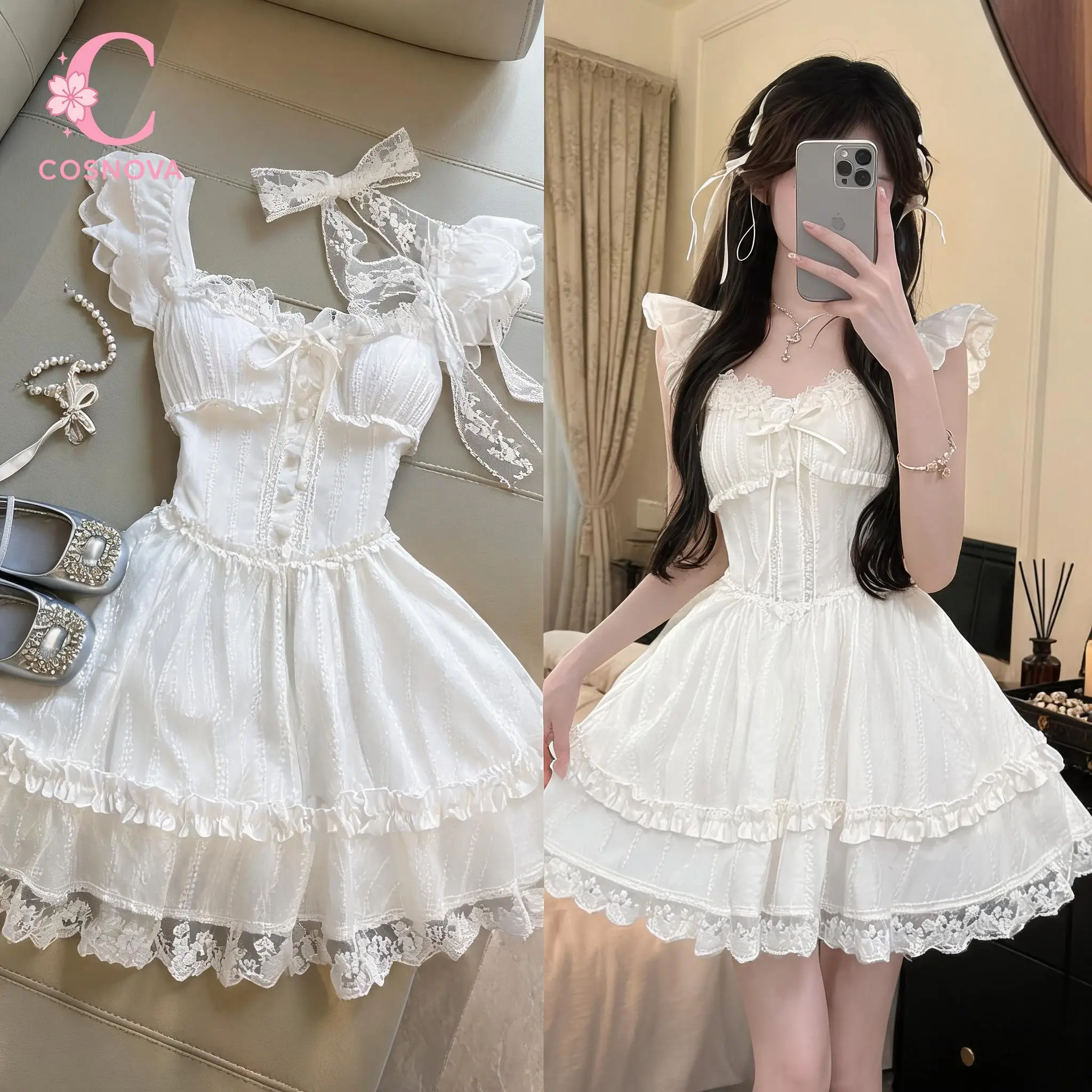 Fairycore Sweet Lolita Mini Dress Women Lace Trim Bowknot Puff Sleeve Ruffle Tiered Skirt High Waist Princess Cute Daily Wear