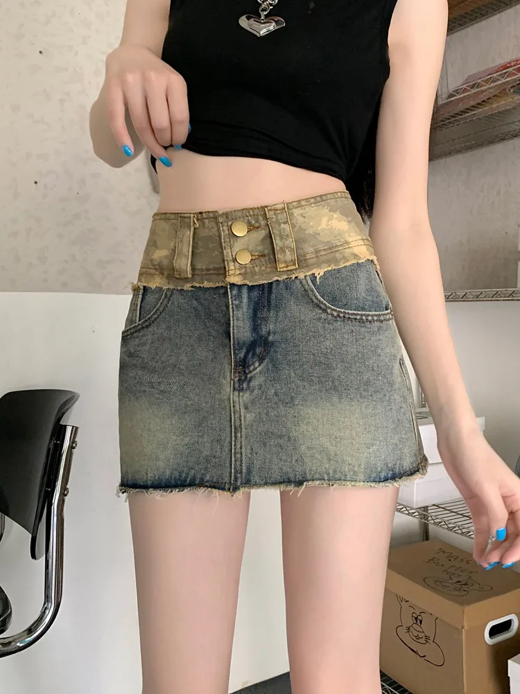 

Fashion Vintage Spliced Denim Skirt Women's Summer Skirt Water Wash Femme Streetwears Mini Skirt 2024