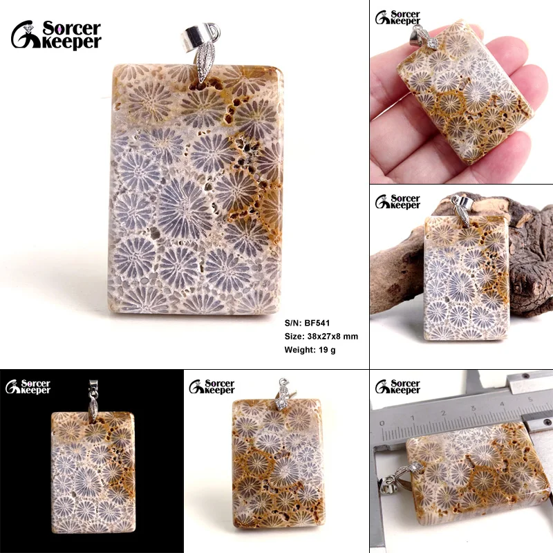 Natural Coral Gemstone Chrysanthemum Beads Flower Jasper Classic Square Pendants Jewelry For Women's Men's Collar Necklace BF532