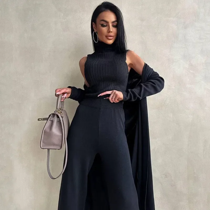 2025 Spring Knitted 3 Pieces Sets Sleepwear Women Long Sleeve Cardigans+Turtleneck Knit Tank Top+Warm Long Pant Pajamas Sets