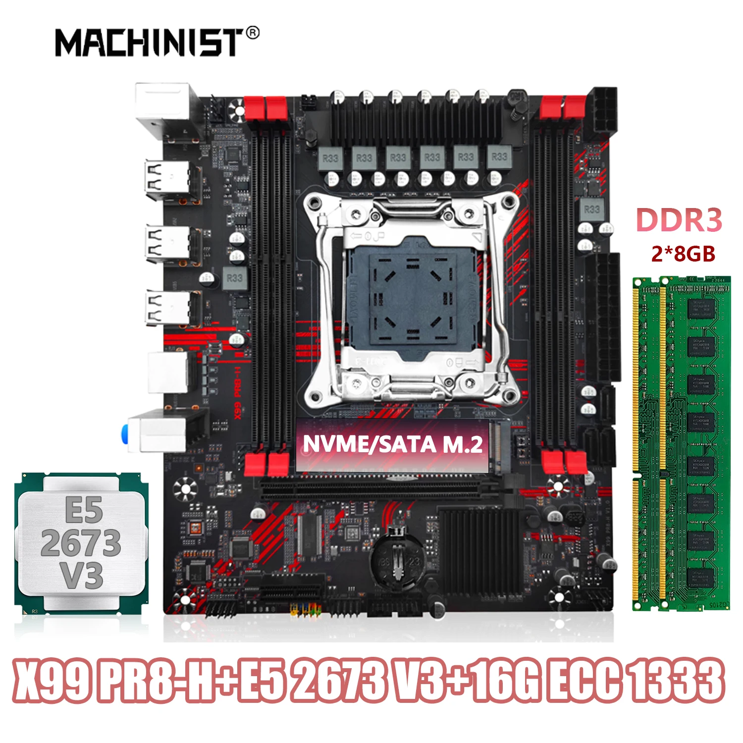 

MACHINIST X99-PR8-H Motherboard Set LGA 2011-3 Kit Xeon E5 2673 V3 CPU 16G(2*8) DDR3 ECC RAM Memory Support SSD Sata M.2 M-ATX