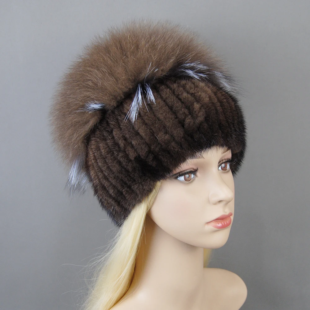 Fashion Real Mink Fur Hat For Winter Women Imported Knitted Mink Cap With Fox Fur New Hot Sale High Quality Women Beanies Hat