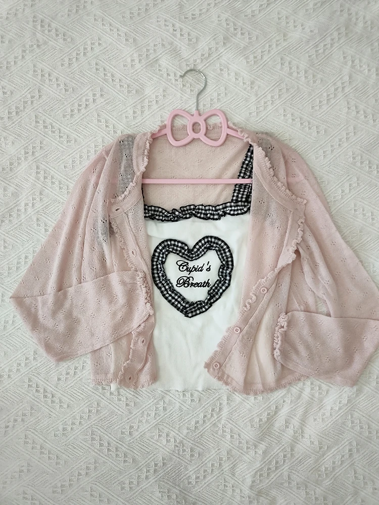 Cute 2 Piece Tops Women Cardigans and Crop Tops for Sweet Girls Cute Heart Shaped Tops Cat Cropped Kawaii Clothes