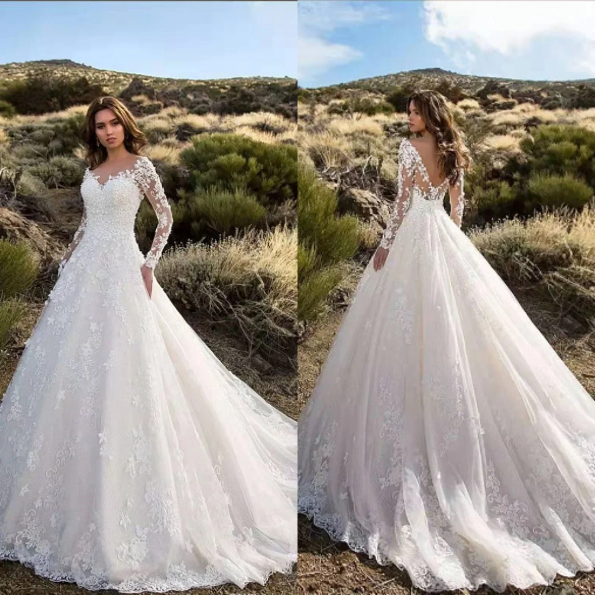 Robe de mariée élégante à manches longues et col rond, robes de patients en tulle, train de balayage, mariée ligne A, appliques, sur mesure