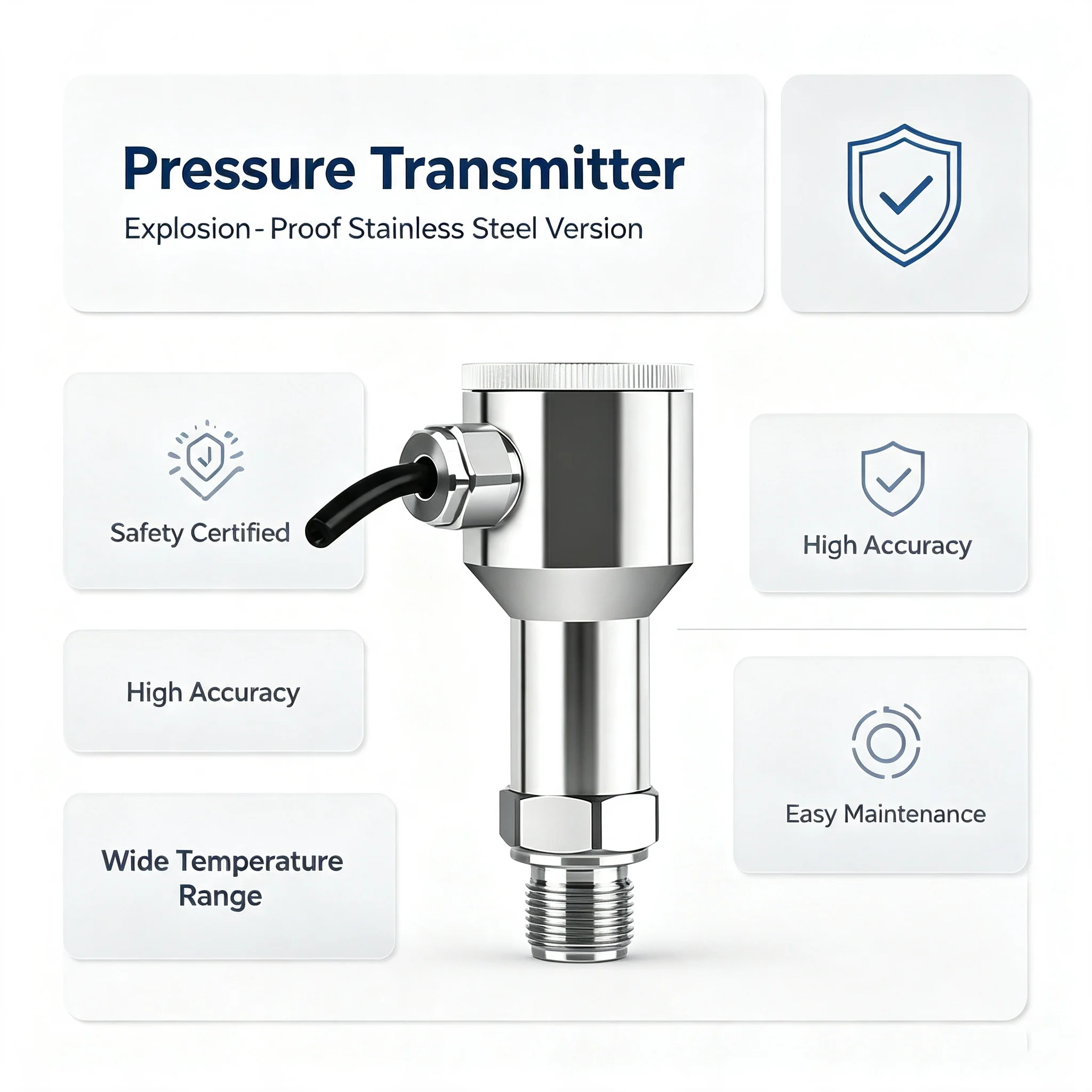 Explosion-proof stainless steel pressure transmitter 4-20mA output ± 0.2% FS ± 0.5% FS accuracy, industrial pressure sensor