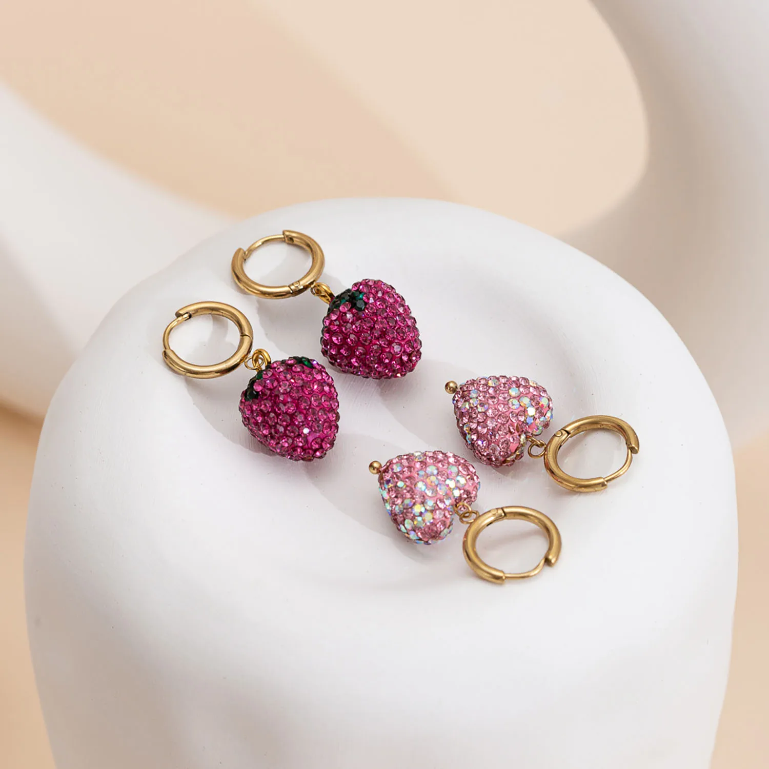 

Trendy 18K Gold-Plated Clay Heart & Strawberry Crystal Earrings - Women's Fashion Jewelry