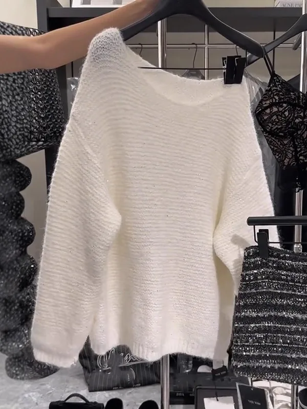 

2025 New Lazy Sle Sequin V-ne Knit Sweater Women's Loose Slimming Overhead Mid-length Knitted Top Autumn Winter