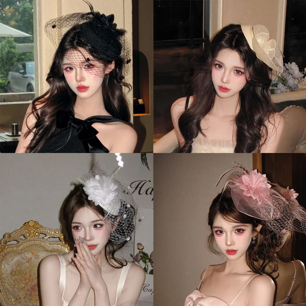 French Retro Black Mesh Top Hat, Headgear Hairpin, Birthday Photo Hair Accessories, Women's Veil Hat.