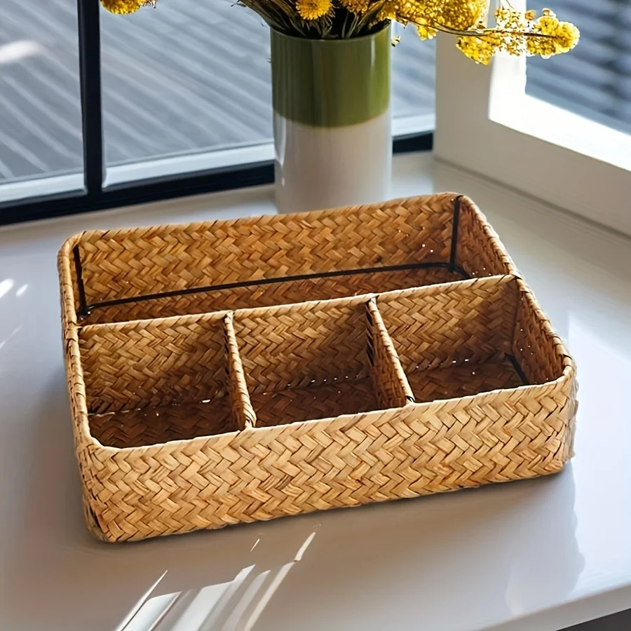 

Fashion Wicker Storage Box with Observation Window - Multi-compartment Home and Desk Decor Organizer