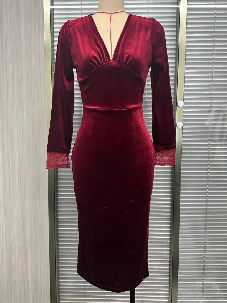 2026 Spring Autumn Winter Dress Women Long Sleeve V-Neck Solid Sexy Elegant Evening Party Skinny Stretch Midi Bodycon Dresses