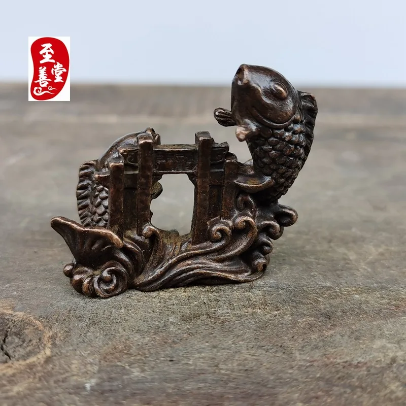 Antique Collection: Old Patina Alloy Bronze Living Room Decorative Ornament - Double Fish Leaping Over the Dragon Gate4.5x1x4CM