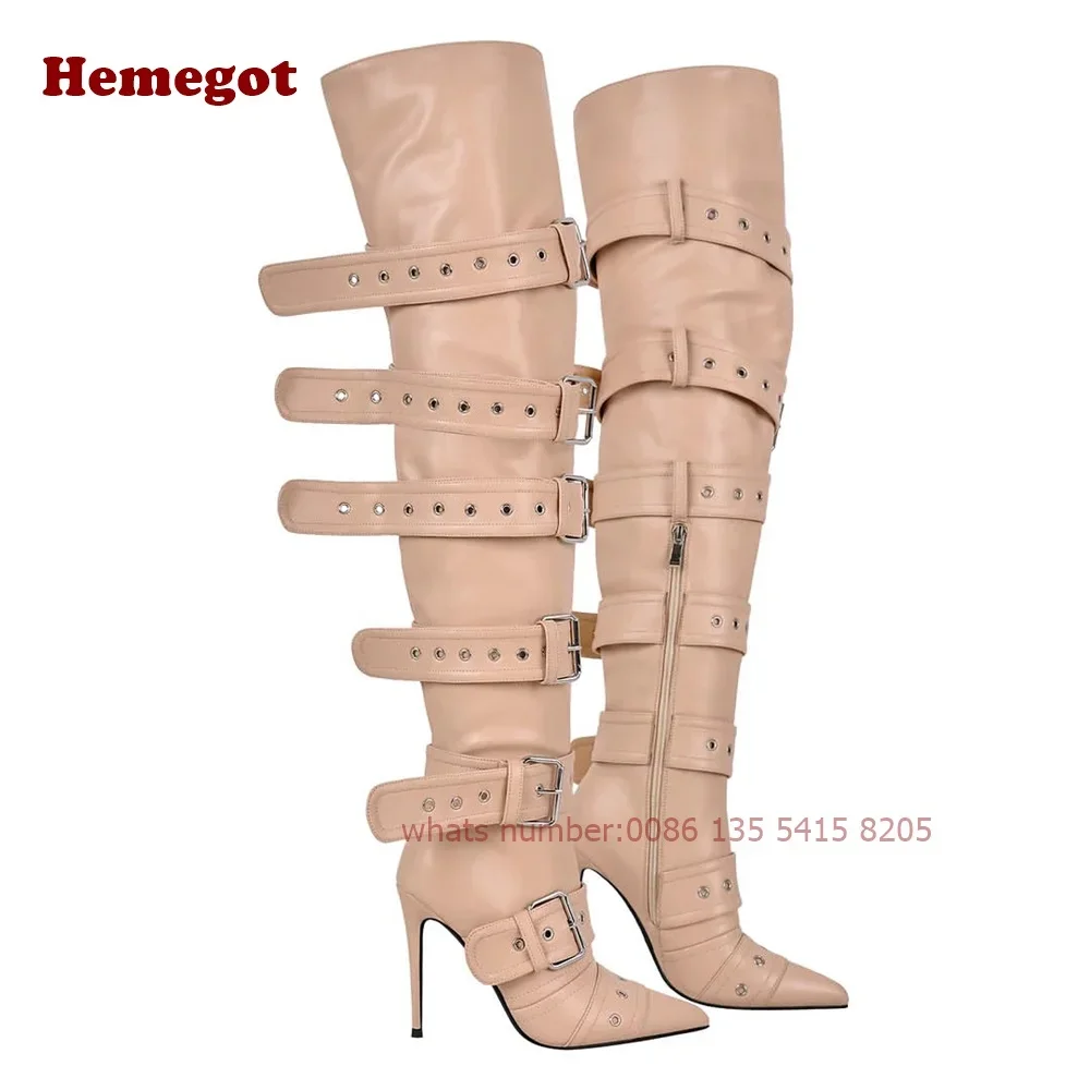 

Multi-Buckles Black Over The Knee Boots Winter 2024 Pointy Toe Stiletto Heels Side Zipper Women's Boots Gladiator Runway Shoes