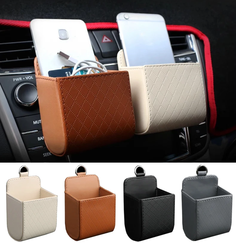 New Car Mobile Phone Holder Vent Hanging Storage Box Car Mobile Phone Bag Pu Leather Glasses Storage Box Car Accessories Holder