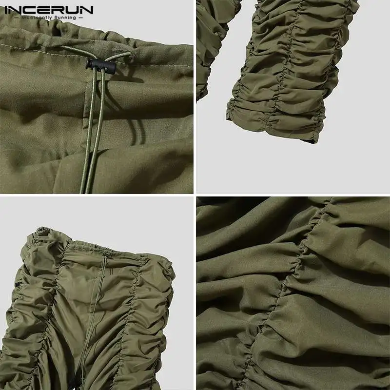 INCERUN Men Pants Solid Color Drawstring Joggers Loose Pleated Fashion Trousers Men Streetwear 2023 Casual Male Long Pants S-5XL