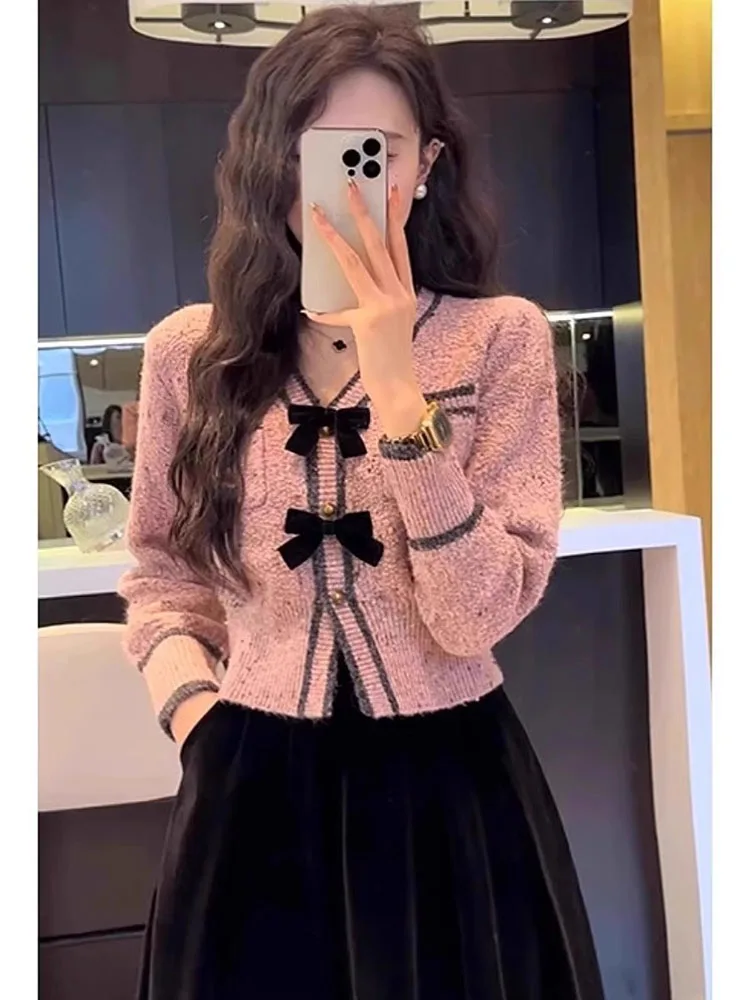 Pink V-neck Bow Sweater For Women Spring New Casual Long Sleeved Knitted Cardigan Short Top Fall Winter Slim Ladies Clothing