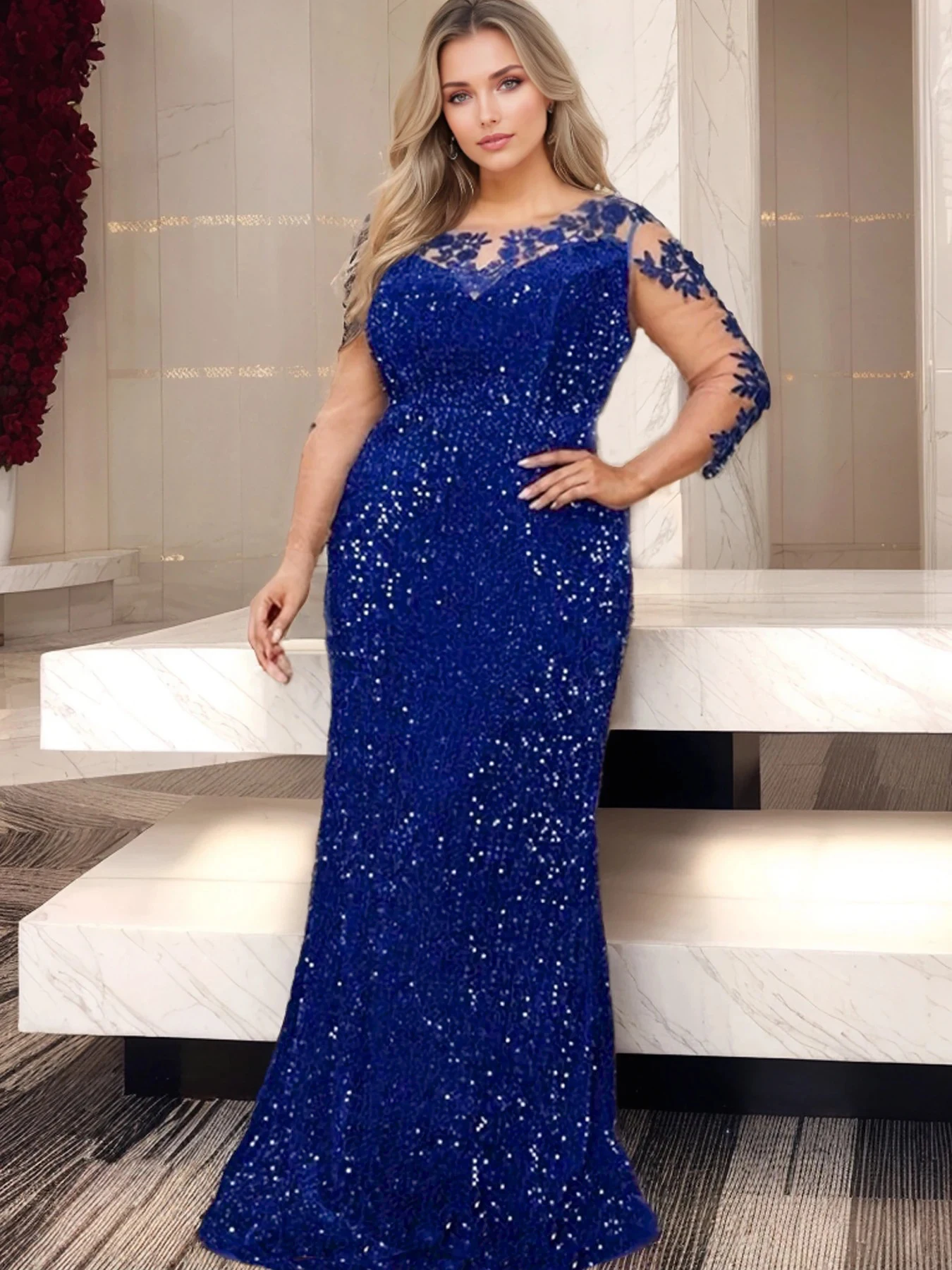 Romagic O Neck Wedding Party Evening Dress Stretch Sequin Long Sleeves With Flowers Mermaid Elegant Prom Ball Gown Dresses