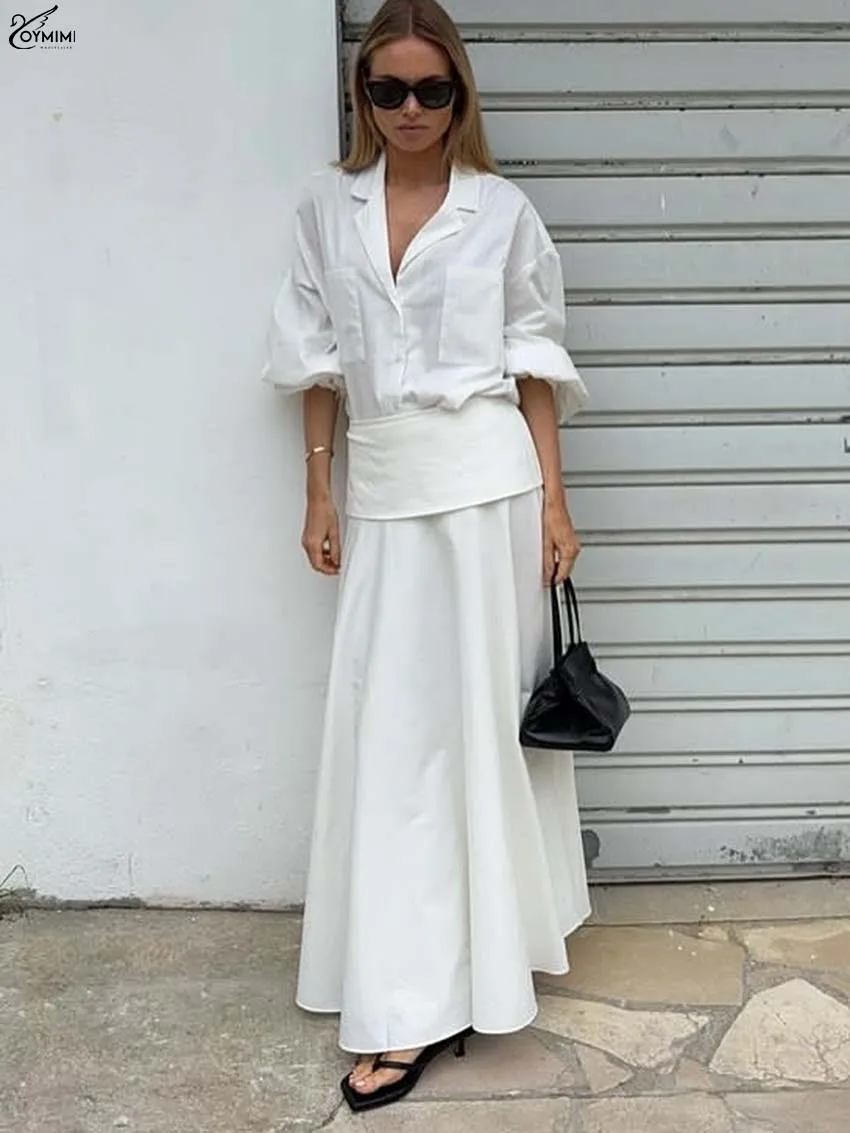 

Oymimi Elegant White Cotton Two Piece Outfits Woman Fashion Long Sleeve Pocket Button Shirt + High Waist Floor-Length Skirts Set