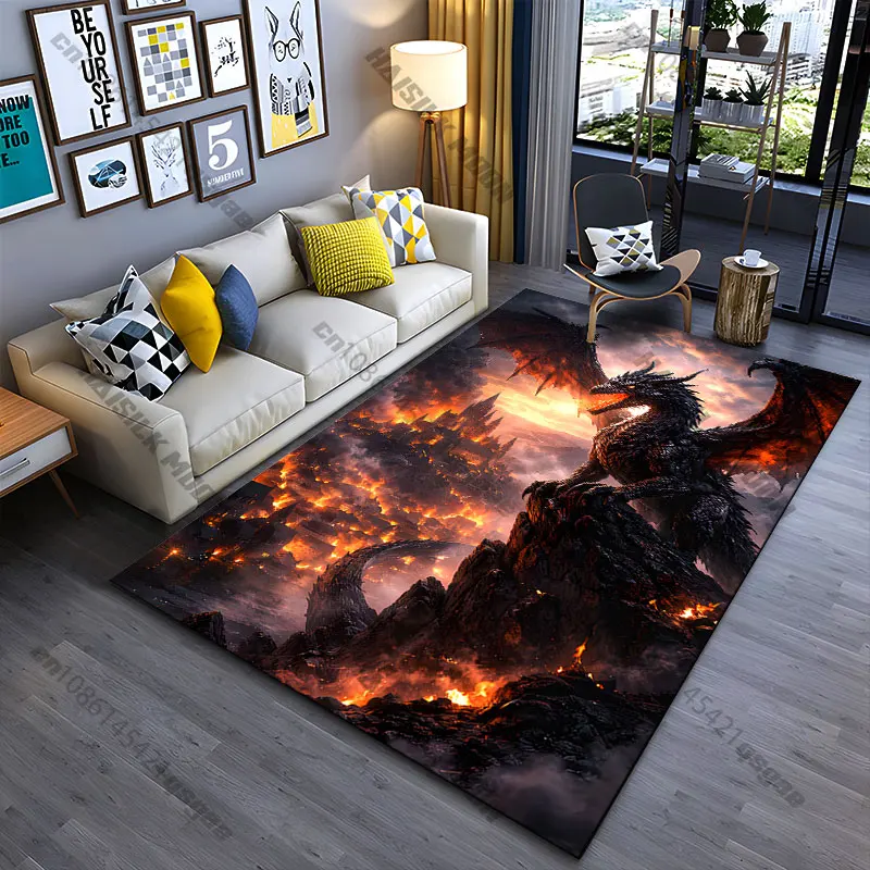 Dragon destruction fire chaos city carpet Yoga living room room decor children's crawling mat doormat area rug games mat