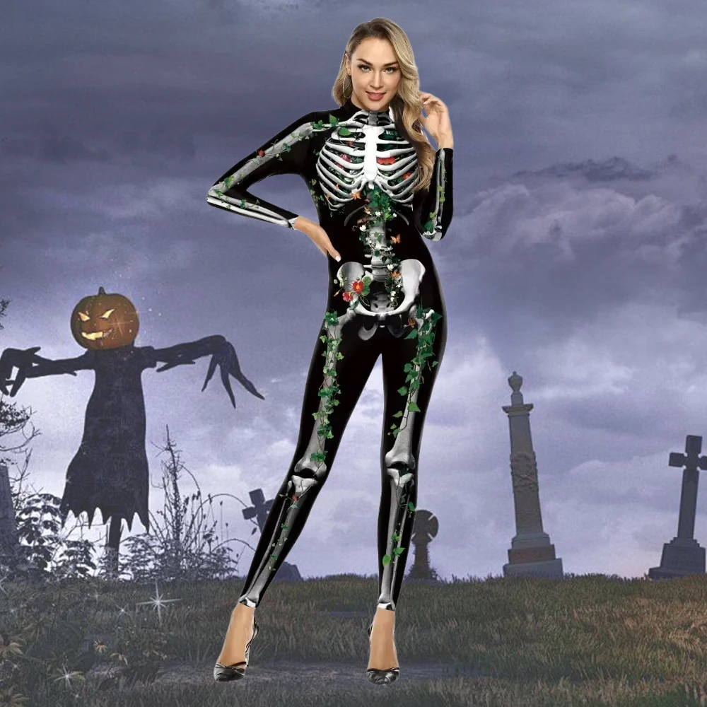 

Halloween Bodysuit Skull Patterns 3D Printing Bodysuit Festival Performance Matching Outfit Long Sleeve Stage Slim Jumpsuit